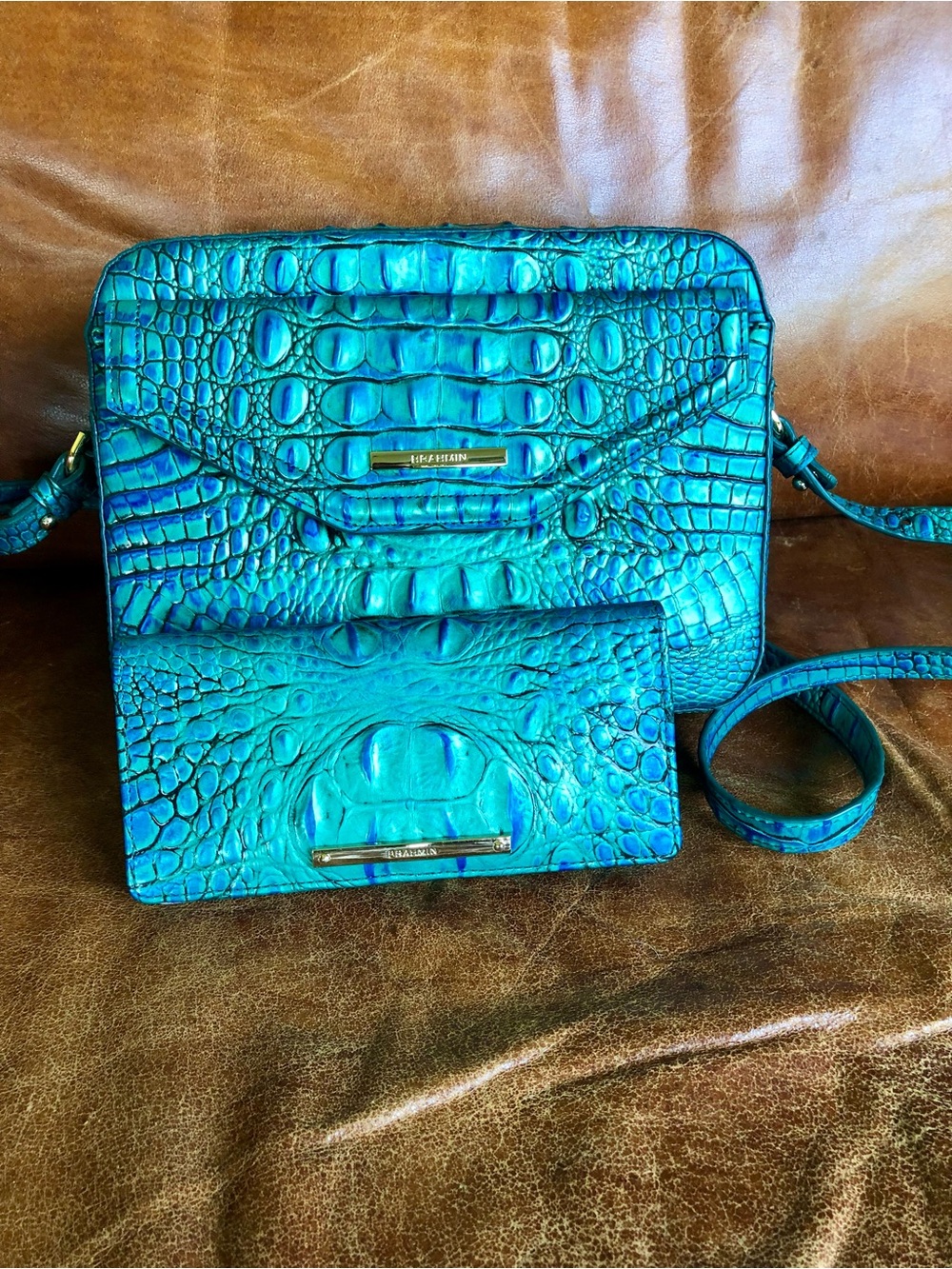 Brahmin Teal Croc-Embossed Leather with Matching Wallet